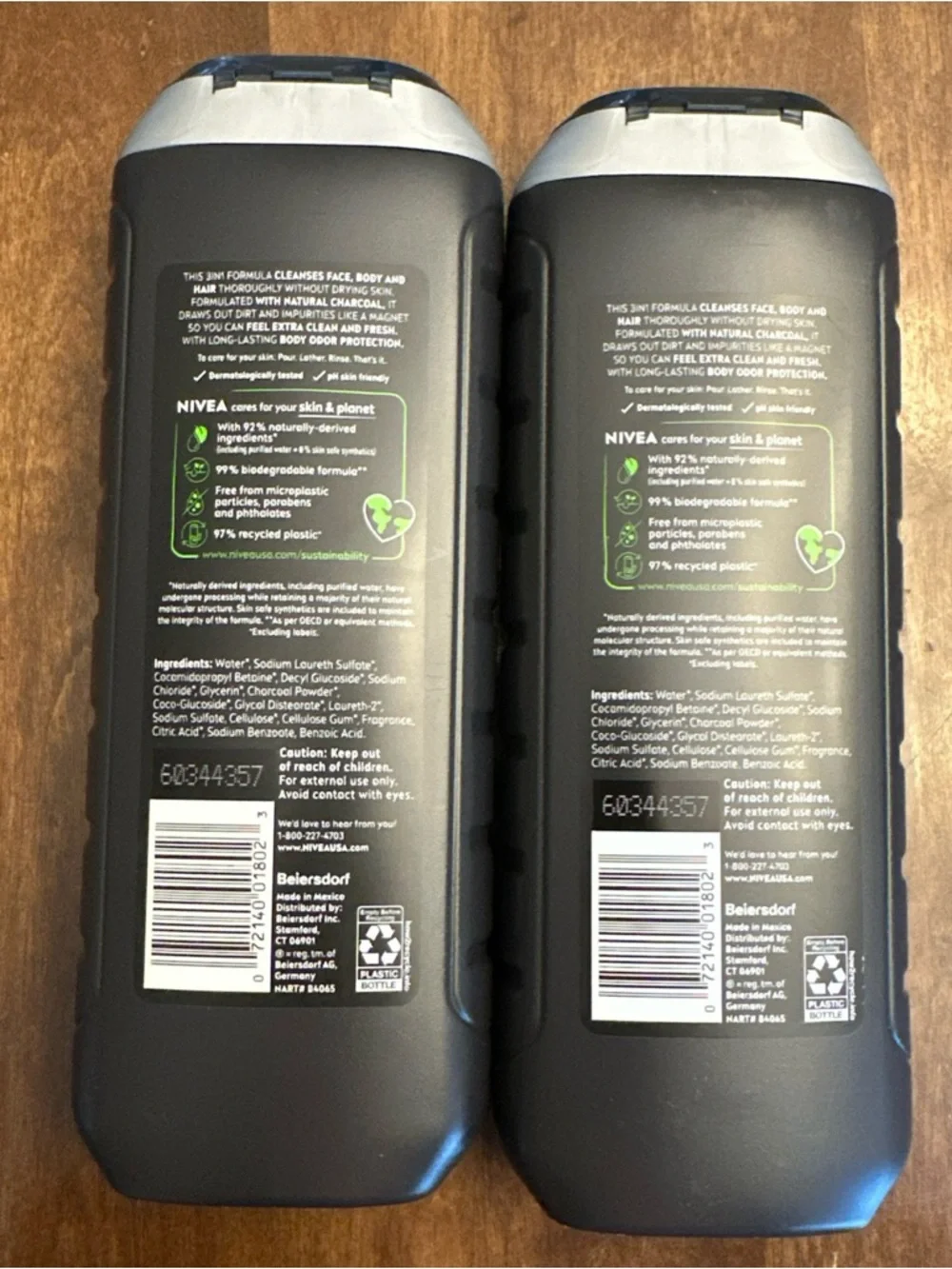 (2) NIVEA Men Active Clean Long Lasting Deep Body Wash W/‎ Charcoal-16.9oz. Each